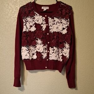 Red and White Floral Cardigan Sweater